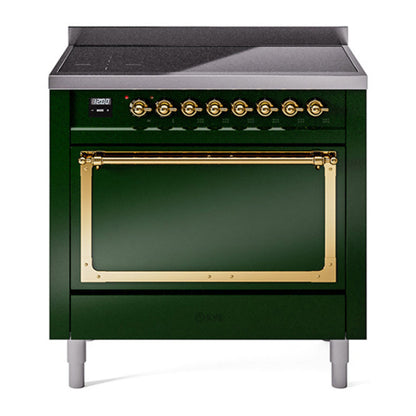 ILVE Nostalgie II 36-Inch Induction Range with 6 Induction Elements, 3.5 cu. ft. Oven, Emerald Green with Brass Trim, Solid Door, UNI366QNMPEGG
