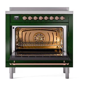 ILVE Nostalgie II 36-Inch Induction Range with 6 Induction Elements, 3.5 cu. ft. Oven, Emerald Green with Copper Trim, Solid Door, UNI366QNMPEGP