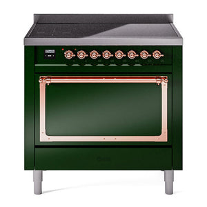 ILVE Nostalgie II 36-Inch Induction Range with 6 Induction Elements, 3.5 cu. ft. Oven, Emerald Green with Copper Trim, Solid Door, UNI366QNMPEGP