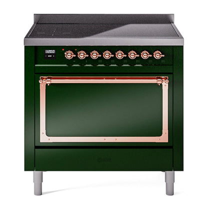 ILVE Nostalgie II 36-Inch Induction Range with 6 Induction Elements, 3.5 cu. ft. Oven, Emerald Green with Copper Trim, Solid Door, UNI366QNMPEGP