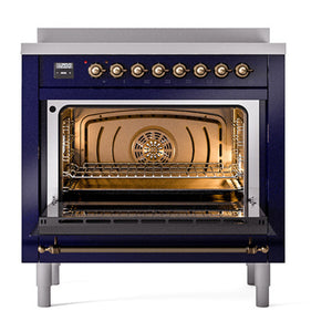 ILVE Nostalgie II 36-Inch Induction Range with 6 Induction Elements, 3.5 cu. ft. Oven, Midnight Blue with Burnished Trim, Solid Door, UNI366QNMPMBB