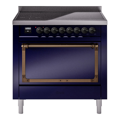 ILVE Nostalgie II 36-Inch Induction Range with 6 Induction Elements, 3.5 cu. ft. Oven, Midnight Blue with Burnished Trim, Solid Door, UNI366QNMPMBB