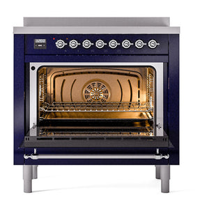 ILVE Nostalgie II 36-Inch Induction Range with 6 Induction Elements, 3.5 cu. ft. Oven, Midnight Blue with Chrome Trim, Solid Door, UNI366QNMPMBC