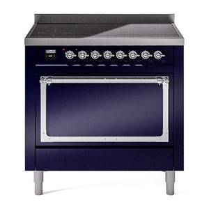 ILVE Nostalgie II 36-Inch Induction Range with 6 Induction Elements, 3.5 cu. ft. Oven, Midnight Blue with Chrome Trim, Solid Door, UNI366QNMPMBC