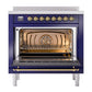 ILVE Nostalgie II 36-Inch Induction Range with 6 Induction Elements, 3.5 cu. ft. Oven, Midnight Blue with Brass Trim, Solid Door, UNI366QNMPMBG