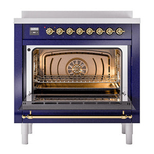ILVE Nostalgie II 36-Inch Induction Range with 6 Induction Elements, 3.5 cu. ft. Oven, Midnight Blue with Brass Trim, Solid Door, UNI366QNMPMBG