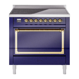ILVE Nostalgie II 36-Inch Induction Range with 6 Induction Elements, 3.5 cu. ft. Oven, Midnight Blue with Brass Trim, Solid Door, UNI366QNMPMBG