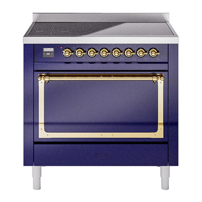 ILVE Nostalgie II 36-Inch Induction Range with 6 Induction Elements, 3.5 cu. ft. Oven, Midnight Blue with Brass Trim, Solid Door, UNI366QNMPMBG