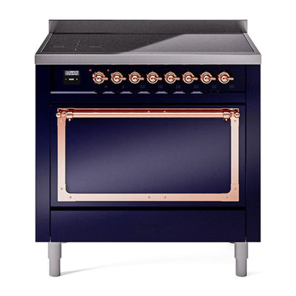 ILVE Nostalgie II 36-Inch Induction Range with 6 Induction Elements, 3.5 cu. ft. Oven, Midnight Blue with Copper Trim, Solid Door, UNI366QNMPMBP