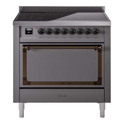 ILVE Nostalgie II 36-Inch Induction Range with 6 Induction Elements, 3.5 cu. ft. Oven, Graphite Matte with Burnished Trim, Solid Door, UNI366QNMPMGB