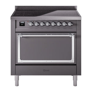 ILVE Nostalgie II 36-Inch Induction Range with 6 Induction Elements, 3.5 cu. ft. Oven, Graphite Matte with Chrome Trim, Solid Door, UNI366QNMPMGC