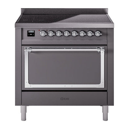 ILVE Nostalgie II 36-Inch Induction Range with 6 Induction Elements, 3.5 cu. ft. Oven, Graphite Matte with Chrome Trim, Solid Door, UNI366QNMPMGC