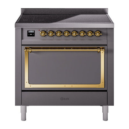 ILVE Nostalgie II 36-Inch Induction Range with 6 Induction Elements, 3.5 cu. ft. Oven, Graphite Matte with Brass Trim, Solid Door, UNI366QNMPMGG