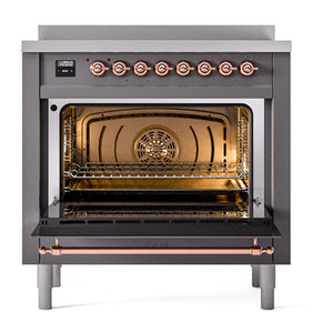 ILVE Nostalgie II 36-Inch Induction Range with 6 Induction Elements, 3.5 cu. ft. Oven, Graphite Matte with Copper Trim, Solid Door, UNI366QNMPMGP