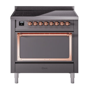 ILVE Nostalgie II 36-Inch Induction Range with 6 Induction Elements, 3.5 cu. ft. Oven, Graphite Matte with Copper Trim, Solid Door, UNI366QNMPMGP
