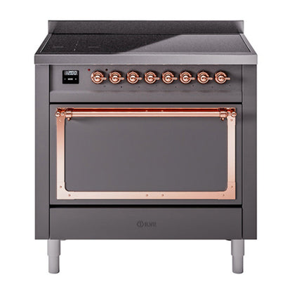 ILVE Nostalgie II 36-Inch Induction Range with 6 Induction Elements, 3.5 cu. ft. Oven, Graphite Matte with Copper Trim, Solid Door, UNI366QNMPMGP