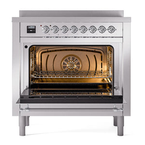 ILVE Nostalgie II 36-Inch Induction Range with 6 Induction Elements, 3.5 cu. ft. Oven, Stainless Steel with Chrome Trim, Solid Door, UNI366QNMPSSC