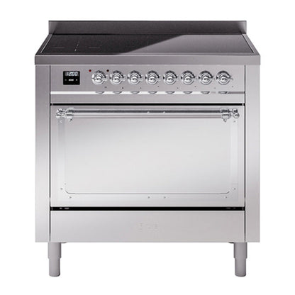 ILVE Nostalgie II 36-Inch Induction Range with 6 Induction Elements, 3.5 cu. ft. Oven, Stainless Steel with Chrome Trim, Solid Door, UNI366QNMPSSC
