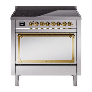 ILVE Nostalgie II 36-Inch Induction Range with 6 Induction Elements, 3.5 cu. ft. Oven, Stainless Steel with Brass Trim, Solid Door, UNI366QNMPSSG
