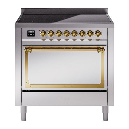 ILVE Nostalgie II 36-Inch Induction Range with 6 Induction Elements, 3.5 cu. ft. Oven, Stainless Steel with Brass Trim, Solid Door, UNI366QNMPSSG