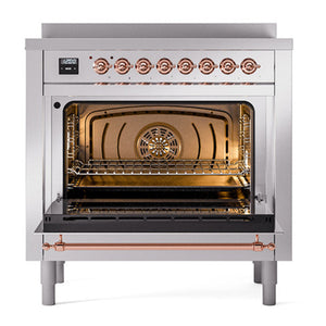 ILVE Nostalgie II 36-Inch Induction Range with 6 Induction Elements, 3.5 cu. ft. Oven, Stainless Steel with Copper Trim, Solid Door, UNI366QNMPSSP
