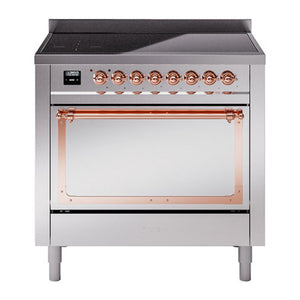 ILVE Nostalgie II 36-Inch Induction Range with 6 Induction Elements, 3.5 cu. ft. Oven, Stainless Steel with Copper Trim, Solid Door, UNI366QNMPSSP