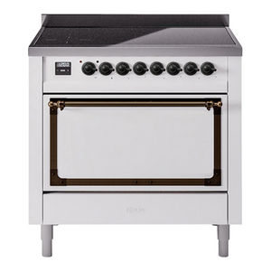 ILVE Nostalgie II 36-Inch Induction Range with 6 Induction Elements, 3.5 cu. ft. Oven, White with Burnished Trim, Solid Door, UNI366QNMPWHB