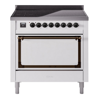 ILVE Nostalgie II 36-Inch Induction Range with 6 Induction Elements, 3.5 cu. ft. Oven, White with Burnished Trim, Solid Door, UNI366QNMPWHB