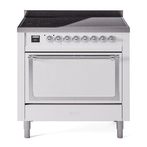ILVE Nostalgie II 36-Inch Induction Range with 6 Induction Elements, 3.5 cu. ft. Oven, White with Chrome Trim, Solid Door, UNI366QNMPWHC