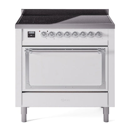 ILVE Nostalgie II 36-Inch Induction Range with 6 Induction Elements, 3.5 cu. ft. Oven, White with Chrome Trim, Solid Door, UNI366QNMPWHC