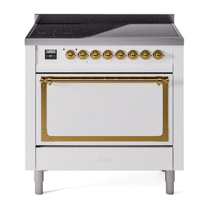 ILVE Nostalgie II 36-Inch Induction Range with 6 Induction Elements, 3.5 cu. ft. Oven, White with Brass Trim, Solid Door, UNI366QNMPWHG