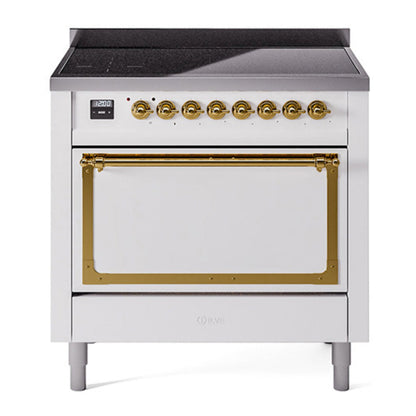 ILVE Nostalgie II 36-Inch Induction Range with 6 Induction Elements, 3.5 cu. ft. Oven, White with Brass Trim, Solid Door, UNI366QNMPWHG