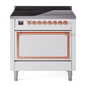 ILVE Nostalgie II 36-Inch Induction Range with 6 Induction Elements, 3.5 cu. ft. Oven, White with Copper Trim, Solid Door, UNI366QNMPWHP
