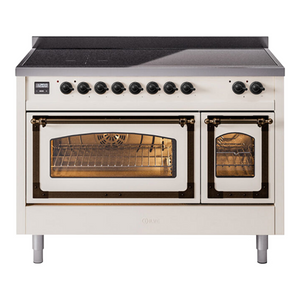ILVE Nostalgie II 48-Inch Induction Range with 6 Induction Elements, 5.02 cu. ft. Oven, Antique White with Burnished Trim, Triple Glass Door, UNI486NMPAWB