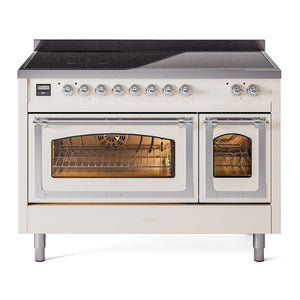 ILVE Nostalgie II 48-Inch Induction Range with 6 Induction Elements, 5.02 cu. ft. Oven, Antique White with Chrome Trim, Triple Glass Door, UNI486NMPAWC