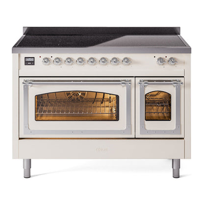 ILVE Nostalgie II 48-Inch Induction Range with 6 Induction Elements, 5.02 cu. ft. Oven, Antique White with Chrome Trim, Triple Glass Door, UNI486NMPAWC