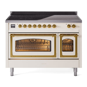 ILVE Nostalgie II 48-Inch Induction Range with 6 Induction Elements, 5.02 cu. ft. Oven, Antique White with Brass Trim, Triple Glass Door, UNI486NMPAWG