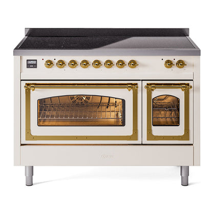 ILVE Nostalgie II 48-Inch Induction Range with 6 Induction Elements, 5.02 cu. ft. Oven, Antique White with Brass Trim, Triple Glass Door, UNI486NMPAWG