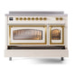 ILVE Nostalgie II 48-Inch Induction Range with 6 Induction Elements, 5.02 cu. ft. Oven, Antique White with Brass Trim, Triple Glass Door, UNI486NMPAWG