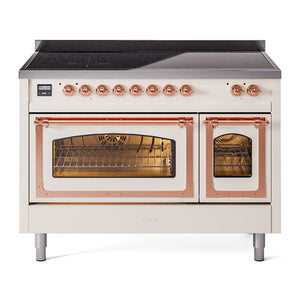 ILVE Nostalgie II 48-Inch Induction Range with 6 Induction Elements, 5.02 cu. ft. Oven, Antique White with Copper Trim, Triple Glass Door, UNI486NMPAWP