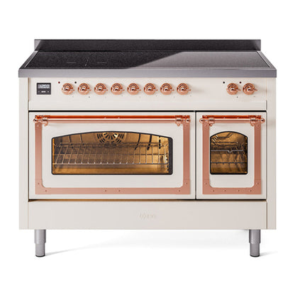 ILVE Nostalgie II 48-Inch Induction Range with 6 Induction Elements, 5.02 cu. ft. Oven, Antique White with Copper Trim, Triple Glass Door, UNI486NMPAWP