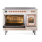ILVE Nostalgie II 48-Inch Induction Range with 6 Induction Elements, 5.02 cu. ft. Oven, Antique White with Copper Trim, Triple Glass Door, UNI486NMPAWP