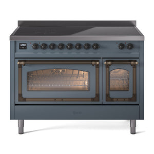 ILVE Nostalgie II 48-Inch Induction Range with 6 Induction Elements, 5.02 cu. ft. Oven, Blue Grey with Burnished Trim, Triple Glass Door, UNI486NMPBGB
