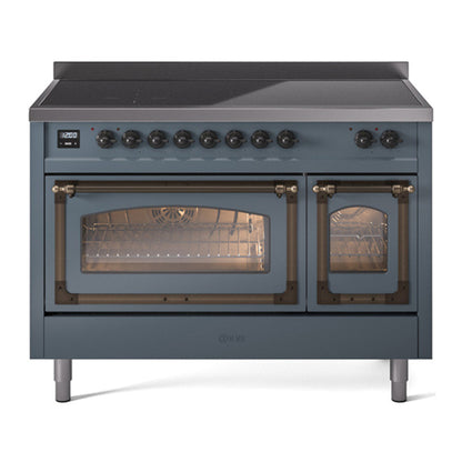 ILVE Nostalgie II 48-Inch Induction Range with 6 Induction Elements, 5.02 cu. ft. Oven, Blue Grey with Burnished Trim, Triple Glass Door, UNI486NMPBGB