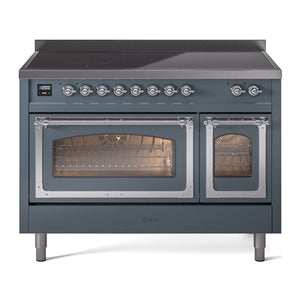 ILVE Nostalgie II 48-Inch Induction Range with 6 Induction Elements, 5.02 cu. ft. Oven, Blue Grey with Chrome Trim, Triple Glass Door, UNI486NMPBGC