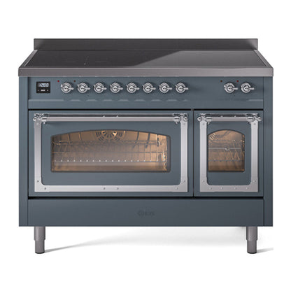 ILVE Nostalgie II 48-Inch Induction Range with 6 Induction Elements, 5.02 cu. ft. Oven, Blue Grey with Chrome Trim, Triple Glass Door, UNI486NMPBGC