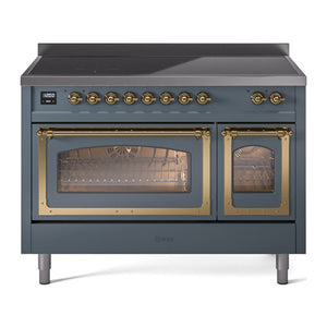 ILVE Nostalgie II 48-Inch Induction Range with 6 Induction Elements, 5.02 cu. ft. Oven, Blue Grey with Brass Trim, Triple Glass Door, UNI486NMPBGG