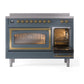 ILVE Nostalgie II 48-Inch Induction Range with 6 Induction Elements, 5.02 cu. ft. Oven, Blue Grey with Brass Trim, Triple Glass Door, UNI486NMPBGG