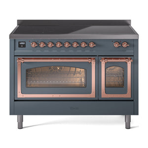 ILVE Nostalgie II 48-Inch Induction Range with 6 Induction Elements, 5.02 cu. ft. Oven, Blue Grey with Copper Trim, Triple Glass Door, UNI486NMPBGP