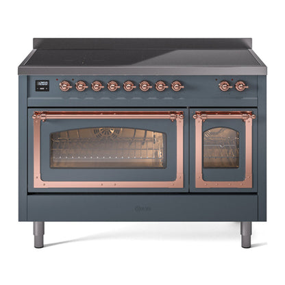 ILVE Nostalgie II 48-Inch Induction Range with 6 Induction Elements, 5.02 cu. ft. Oven, Blue Grey with Copper Trim, Triple Glass Door, UNI486NMPBGP